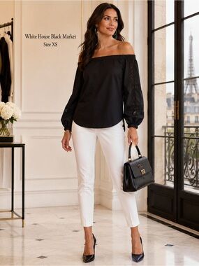 WHBM Black Off Shoulder Crochet Balloon Sleeve Blouse XS